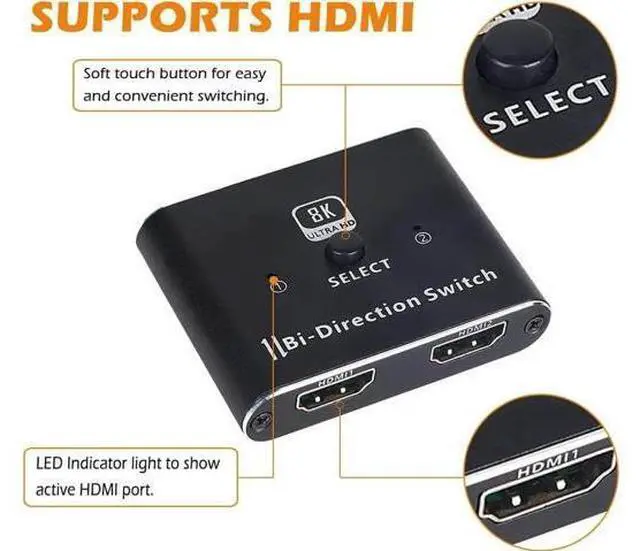 Alt view image 5 of 7 - Bi-Directional HDMI 2.1 Switch 2 in 1 Out /1 in 2 Out, 8K@60Hz 4K@120Hz HDMI Splitter Switcher 48Gbps, Support VRR HDCP 2.3 HDR10 Dolby Vision, Compatible with PS4 PS5, Xbox, SkyQ, Roku, Apple TV, Fir