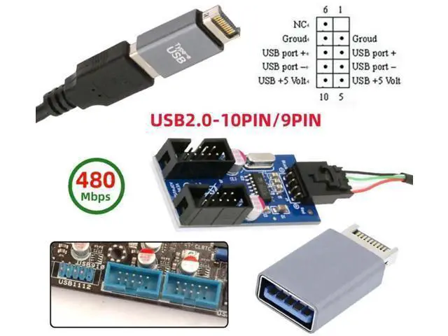 Alt view image 4 of 7 - 1-to-2 USB 2.0 Motherboard 9Pin/10Pin Header Splitter Cable, Internal Front Panel USB Hub Extension Adapter with USB Type-E Converter for Desktop PC Case Modding