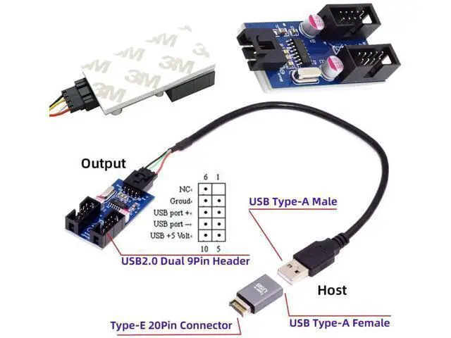 Alt view image 6 of 7 - 1-to-2 USB 2.0 Motherboard 9Pin/10Pin Header Splitter Cable, Internal Front Panel USB Hub Extension Adapter with USB Type-E Converter for Desktop PC Case Modding