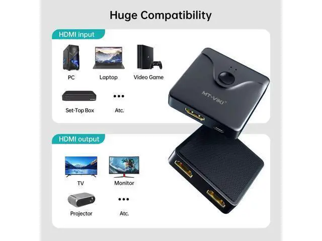 Alt view image 7 of 7 - MT-VIKI Bi-Directional HDMI 2.0 Switch 2 in 1 Out / 1 in 2 Out, 4K@60Hz HDMI Switcher Splitter Supports HDR, 3D, HDCP 2.2, Manual Button Control for PS5, Xbox, Roku, HDTV, Monitor