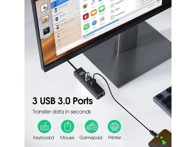 Alt view image 2 of 7 - 4-in-1 Aluminum USB 3.0 Hub with 3 USB 3.0 Ports + 1000Mbps Gigabit RJ45 Ethernet Adapter, Multi-Port USB Splitter Expander Dongle for Laptops & Desktops