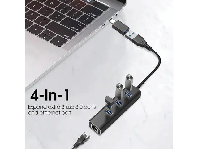 Alt view image 7 of 7 - 4-in-1 Aluminum USB 3.0 Hub with 3 USB 3.0 Ports + 1000Mbps Gigabit RJ45 Ethernet Adapter, Multi-Port USB Splitter Expander Dongle for Laptops & Desktops