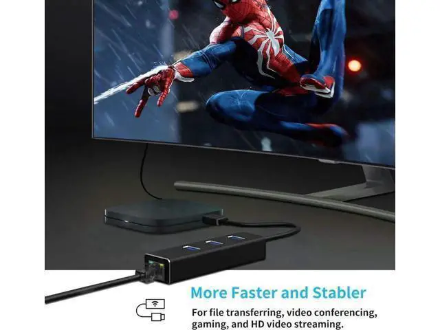 Alt view image 3 of 7 - Black Aluminum USB 3.0 Multiport Hub with 3×USB3.0 Ports & Gigabit RJ45 Ethernet Adapter, 10/100/1000 Mbps LAN Network Converter Compatible with MacBook, Ultrabook, Windows Laptops, Tablets & Linux Sy