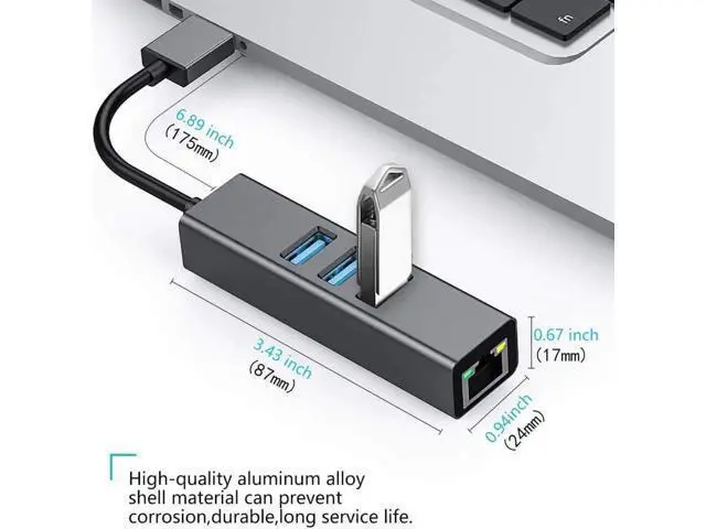 Alt view image 5 of 7 - Black Aluminum USB 3.0 Multiport Hub with 3×USB3.0 Ports & Gigabit RJ45 Ethernet Adapter, 10/100/1000 Mbps LAN Network Converter Compatible with MacBook, Ultrabook, Windows Laptops, Tablets & Linux Sy