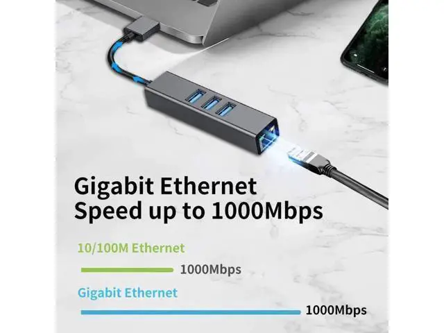 Alt view image 6 of 7 - Black Aluminum USB 3.0 Multiport Hub with 3×USB3.0 Ports & Gigabit RJ45 Ethernet Adapter, 10/100/1000 Mbps LAN Network Converter Compatible with MacBook, Ultrabook, Windows Laptops, Tablets & Linux Sy