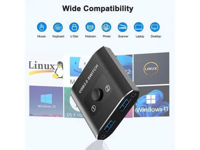 Alt view image 5 of 7 - Bi-Directional USB 3.0 Switch Selector, 2-In-1 Out / 1-In-2 Out USB Sharing Switch for 2 PCs, Works with Mouse Keyboard Printer Scanner, Compatible with Windows Mac Linux