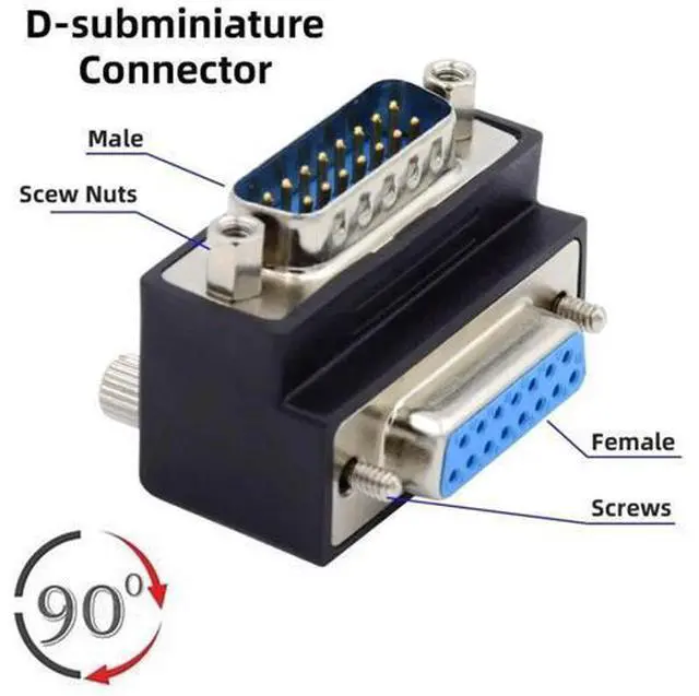 Alt view image 6 of 7 - 90 Degree Down Angled DB15 Male to Female Extension Coupler, 15Pin D-SUB RS232 Serial Port Right Angle Adapter