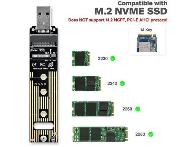 Alt view image 2 of 7 - USB 3.1 Gen 2 M.2 NVMe SSD Adapter, 10Gbps M-Key External SSD Reader with UASP, Supports Up to 4TB, Fits 2230/2242/2260/2280 NVMe Drives Only