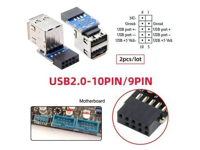 Alt view image 4 of 7 - 2-Pack Vertical 9/10Pin Motherboard Header to Dual USB 2.0 Female Adapter, Internal Mainboard USB 2.0 Front Panel Converter for DIY PC Cases