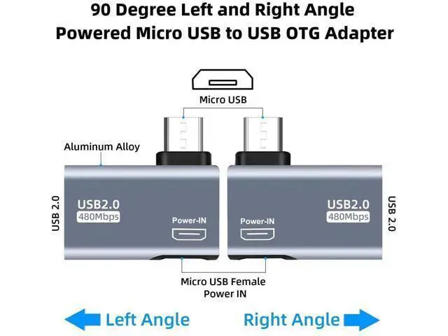 Alt view image 2 of 6 - 2 Pack 90 Degree Left & Right Angle Powered Micro USB OTG Adapter, Grey Micro USB Male to USB A Female OTG Connector for Fire TV Stick 4K, Android Phones, Micro USB Tablets & Host Devices