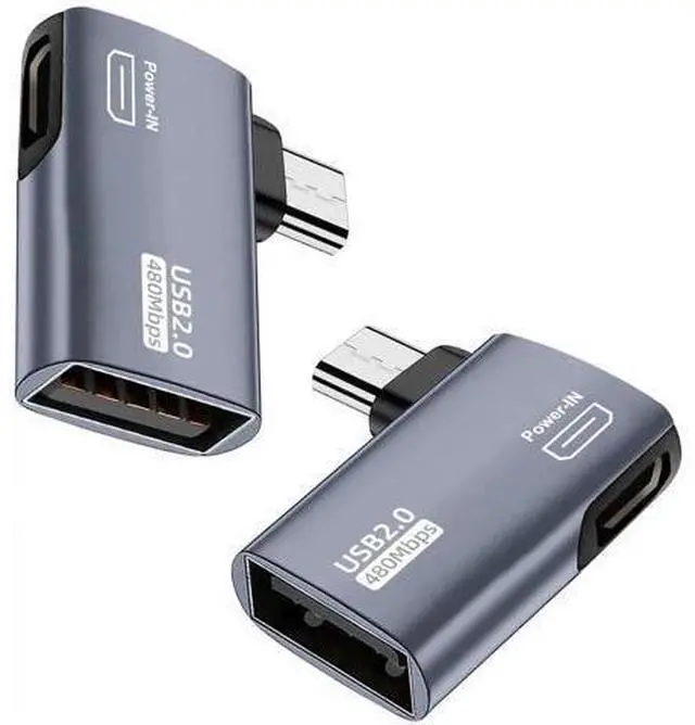 Main image of 2 Pack 90 Degree Left & Right Angle Powered Micro USB OTG Adapter, Grey Micro USB Male to USB A Female OTG Connector for Fire TV Stick 4K, Android Phones, Micro USB Tablets & Host Devices