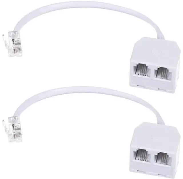 Main image of 2 Pack White RJ11 6P4C Telephone Splitter, 1 Male to Dual Female 2-Way Landline Phone Jack Separator Adapter for Phones & Fax Machines