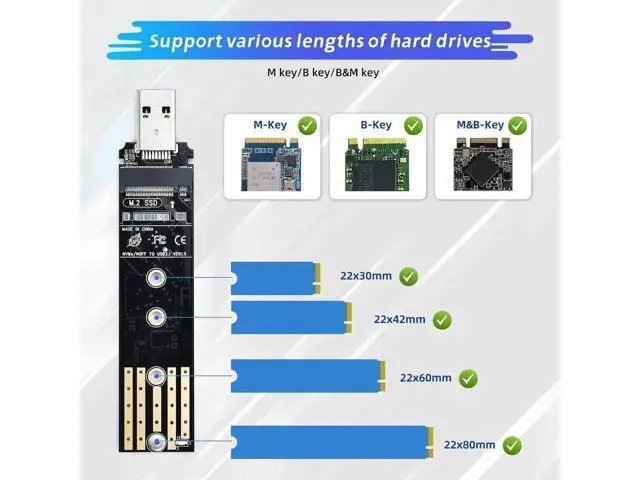 Alt view image 3 of 7 - Dual Protocol M.2 to USB Adapter Enclosure, USB3.1 Gen2 10Gbps, Supports NVMe M-Key & SATA B+M-Key SSD, UASP Accelerated, Up to 4TB, Fits 2230/2242/2260/2280