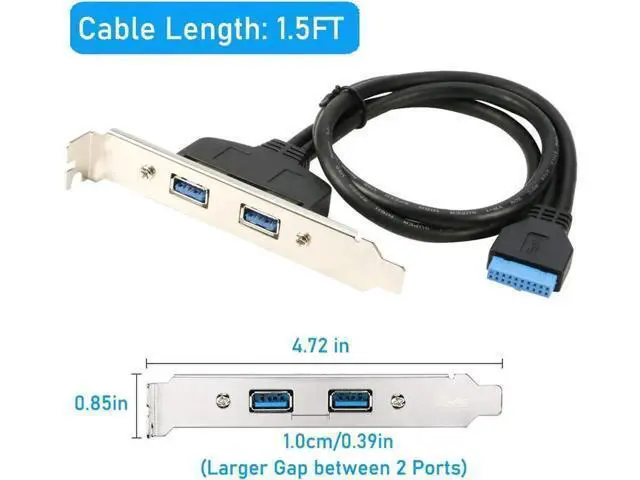 Alt view image 4 of 6 - 1.5ft 2 Ports USB 3.0 Female Cable, PCI Slot Plate Bracket Back Panel to 20Pin Motherboard Header Adapter