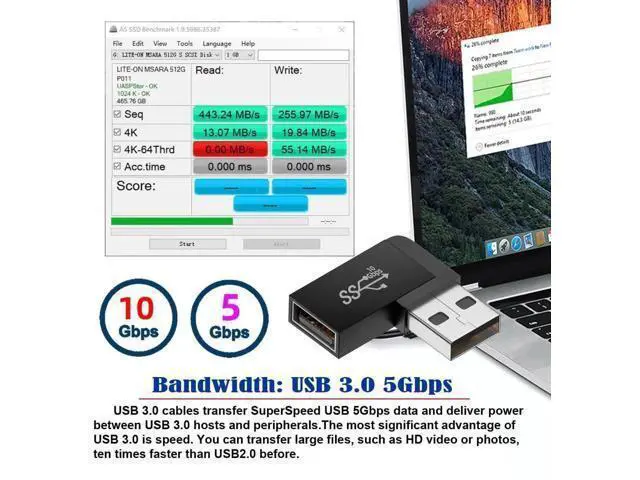 Alt view image 7 of 7 - 90 Degree Left Angled USB 3.2 Gen2 Male to Female Extension Adapter, 10Gbps SuperSpeed USB A Elbow Extender for Power, Data & Video Transmission