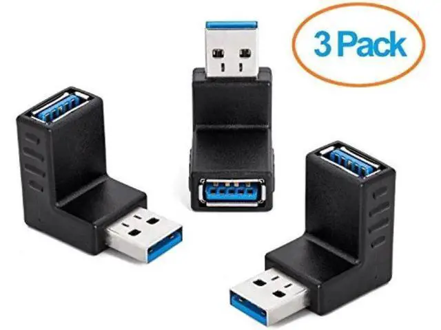 Main image of 3 Pack 90 Degree Right Angle USB 3.0 Male to Female Coupler, Right Angled USB Adapter Connector