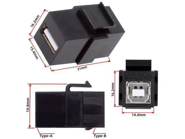 Alt view image 2 of 7 - USB 2.0 Type-A Female to Type-B Female Keystone Jack Adapter, Wall Plate Socket Module Coupler