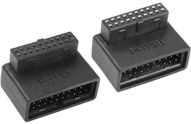Main image of 2 Pack 90 Degree USB 3.0 19/20 Pin Motherboard Adapter, L-Shaped Male to Female Right Angle Connector (PH19A+PH19B)
