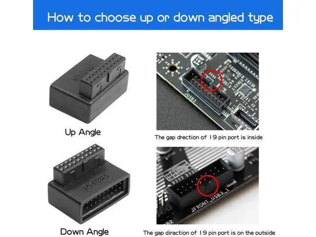 Alt view image 5 of 6 - 2 Pack 90 Degree USB 3.0 19/20 Pin Motherboard Adapter, L-Shaped Male to Female Right Angle Connector (PH19A+PH19B)