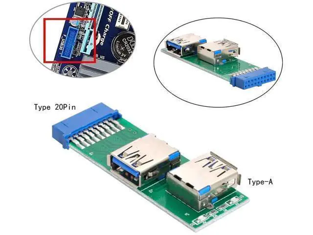 Alt view image 5 of 7 - Dual USB 3.0 A Female to 19/20 Pin Motherboard Header Adapter PCBA with LED Indicator