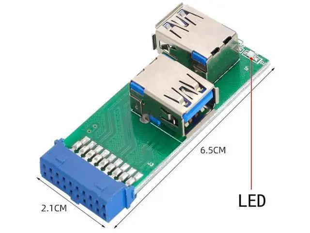 Alt view image 3 of 7 - Dual USB 3.0 A Female to 19/20 Pin Motherboard Header Adapter PCBA with LED Indicator