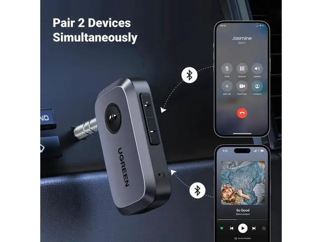 Alt view image 2 of 7 - UGREEN Bluetooth 5.4 3.5mm AUX Audio Receiver with Noise Cancelling Mic, Wireless Car Aux Bluetooth Adapter for Vehicle Stereo Home Wired Speaker Amplifier, 15H Long Play Battery Life