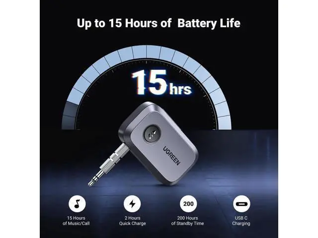 Alt view image 3 of 7 - UGREEN Bluetooth 5.4 3.5mm AUX Audio Receiver with Noise Cancelling Mic, Wireless Car Aux Bluetooth Adapter for Vehicle Stereo Home Wired Speaker Amplifier, 15H Long Play Battery Life