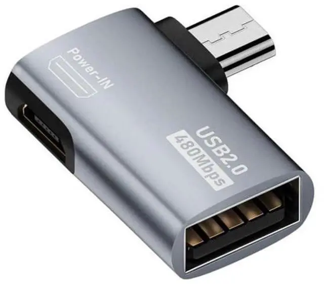 Main image of 2 in 1 Micro USB OTG Power Adapter, 90 Degree Left Angled Micro USB Male to USB 2.0 Female Connector, 480Mbps Data Transfer & 5V 2A Power Supply for Android Phones, Tablets, Fire Stick
