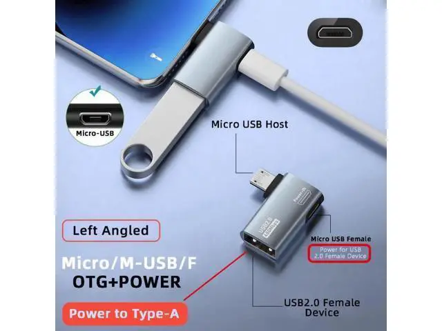 Alt view image 3 of 7 - 2 in 1 Micro USB OTG Power Adapter, 90 Degree Left Angled Micro USB Male to USB 2.0 Female Connector, 480Mbps Data Transfer & 5V 2A Power Supply for Android Phones, Tablets, Fire Stick