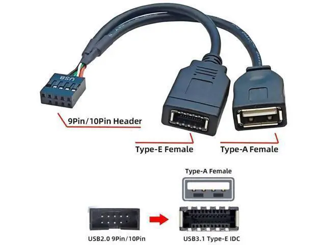 Alt view image 7 of 7 - 0.49FT Motherboard 9Pin USB2.0 Male 1-to-2 Splitter Cable, 9Pin Header to Dual Type-E Key-A Female Front Panel Extension Cord for PC Chassis