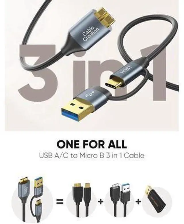 Alt view image 5 of 7 - 2FT USB 3.0 USB A/C to Micro B Cable, 5Gbps High Speed Cord for External Hard Drive, Camera, iPhone 15 Series, Grey