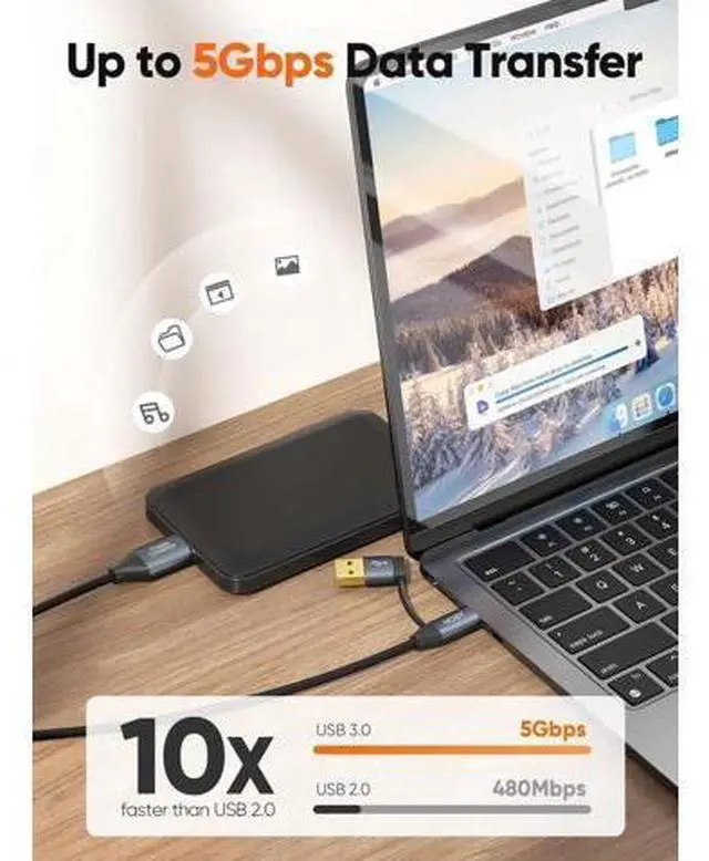 Alt view image 4 of 7 - 2FT USB 3.0 USB A/C to Micro B Cable, 5Gbps High Speed Cord for External Hard Drive, Camera, iPhone 15 Series, Grey