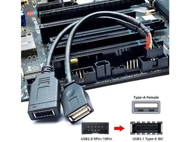 Alt view image 5 of 7 - 0.49FT Motherboard 9Pin USB2.0 Male 1-to-2 Splitter Cable, 9Pin Header to Dual Type-E Key-A Female Front Panel Extension Cord for PC Chassis