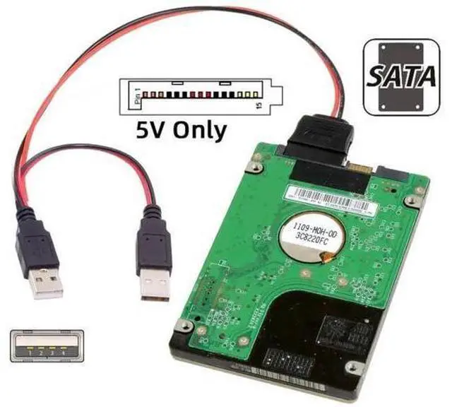 Alt view image 3 of 7 - SATA 15Pin 1 to 2 USB 2.0 Power Cable, 5V 2A Auxiliary Power Cord for 2.5" SATA HDD SSD