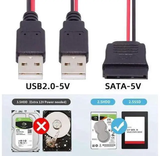 Alt view image 5 of 7 - SATA 15Pin 1 to 2 USB 2.0 Power Cable, 5V 2A Auxiliary Power Cord for 2.5" SATA HDD SSD