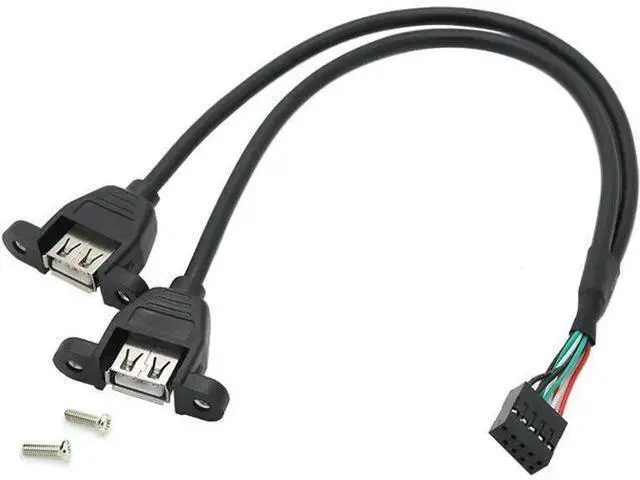 Main image of Panel Mount USB 2.0 Header Cable, 9Pin Motherboard Header to Dual USB-A Female Splitter Cord with Mounting Screws, 1.64FT Black