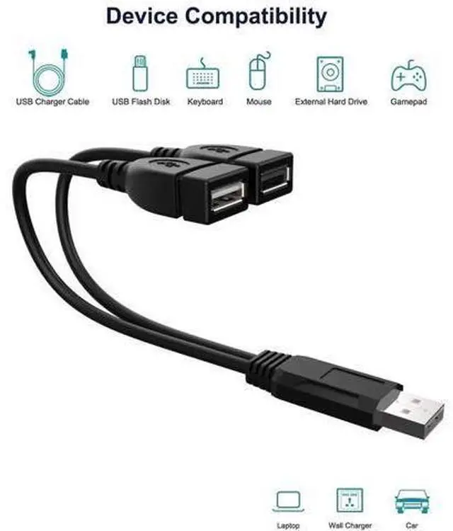 Alt view image 5 of 6 - 2-Port USB 2.0 Male to Dual Female Splitter Cable, High Speed Data & Charging Cord for PC, Laptop, Car, TV, Xbox, External HDD