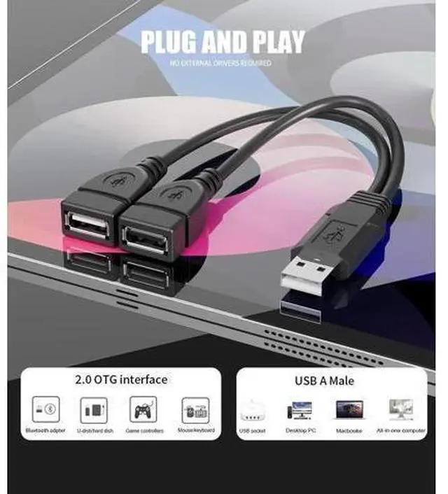 Alt view image 4 of 6 - 2-Port USB 2.0 Male to Dual Female Splitter Cable, High Speed Data & Charging Cord for PC, Laptop, Car, TV, Xbox, External HDD