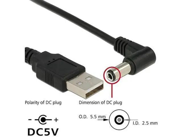 Alt view image 3 of 6 - 100cm Right Angle USB2.0 A Male to 5.5×2.5mm DC Barrel Power Cable | 90° 5V Charging Cord