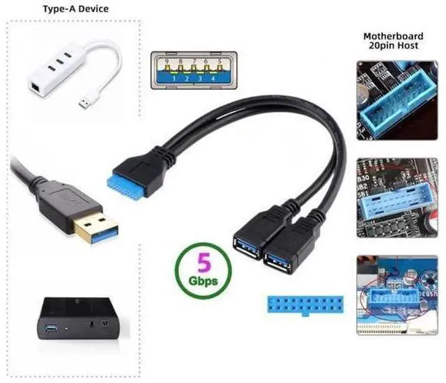 Alt view image 5 of 7 - 20CM USB3.0 19/20Pin Motherboard Header Male to Dual USB3.0 Female Y-Splitter Extension Cable