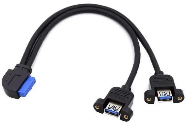 Main image of 30cm 90 Degree Left Angled 2 Ports USB 3.0 Female to 20Pin Male Cable, Screw Mount Front Panel Cord for Motherboard