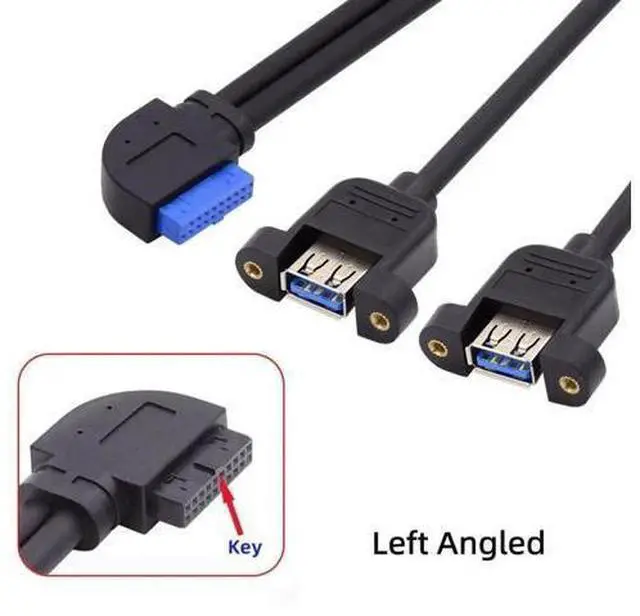Alt view image 2 of 7 - 30cm 90 Degree Left Angled 2 Ports USB 3.0 Female to 20Pin Male Cable, Screw Mount Front Panel Cord for Motherboard