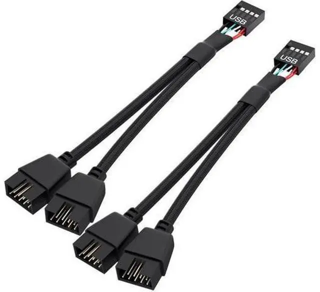 Main image of 2 Pack Braided Black USB 2.0 Header Splitter, Motherboard 9 Pin Extension Cable