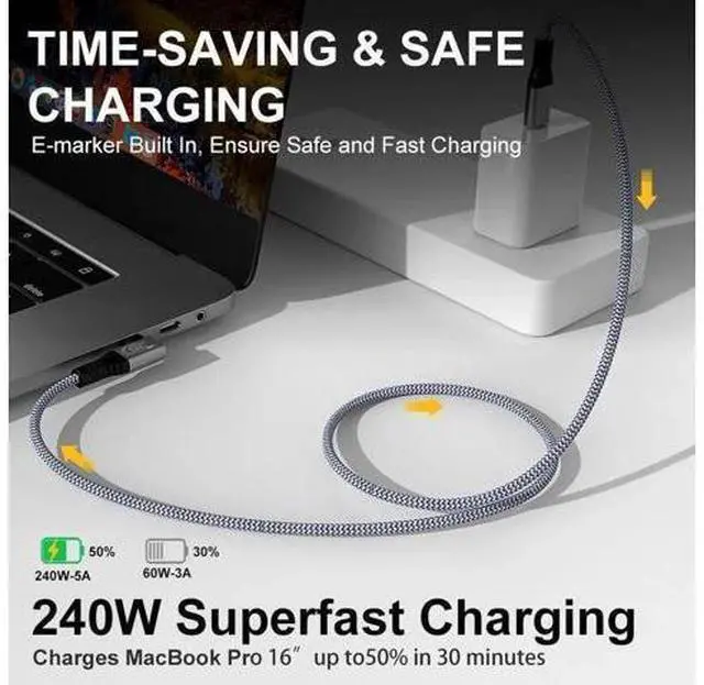Alt view image 5 of 7 - 10FT Right Angle 90° USB-C to USB-C Cable | USB3.2 Gen2 20Gbps | 240W PD Fast Charging | 4K@60Hz Video, Thunderbolt 3 Compatible for MacBook, iPad Pro & USB-C Monitors