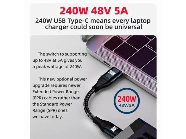 Alt view image 4 of 7 - 100CM Low Profile Angled USB-C to USB-C Cable, 240W 48V 5A Male to Male Cord, 480Mbps for Laptops, Tablets & Phones