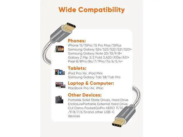Alt view image 5 of 7 - 1FT 100W USB3.1 Gen2 USB-C to USB-C Cable | 10Gbps Data, 4K Video Output Fast Charging Cord for iPhone15/16, MacBook, SSD & Galaxy S24/S23