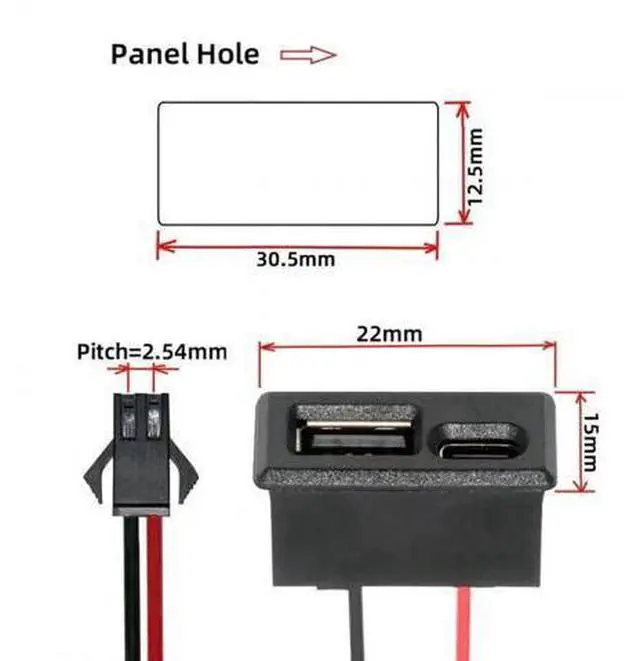 Alt view image 4 of 7 - Horizontal Latch Mount USB-A + USB-C Female to 2.54mm Pitch 2Pin Header DC 5V Power Pigtail Cable for DIY OEM Project