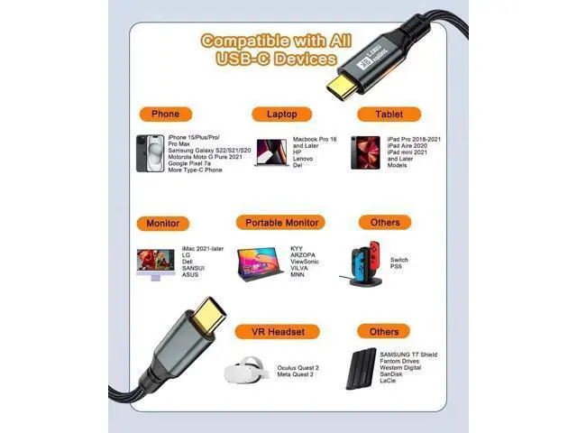 Alt view image 4 of 7 - 6.6FT Full-Function USB-C 3.2 Gen2 Cable | 20Gbps Data, 100W PD Charging, 8K@60Hz Video Output for iPhone 15/16 Series, MacBook, iPad Pro