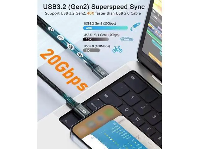 Alt view image 7 of 7 - 6.6FT Full-Function USB-C 3.2 Gen2 Cable | 20Gbps Data, 100W PD Charging, 8K@60Hz Video Output for iPhone 15/16 Series, MacBook, iPad Pro