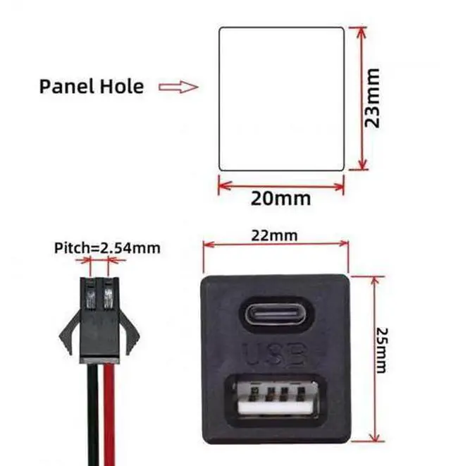 Alt view image 5 of 6 - Latch Mount USB-A + USB-C Female to 2.54mm Pitch 2Pin Header Pigtail Cable|DC 5V Power Wiring Harness for DIY & OEM Projects